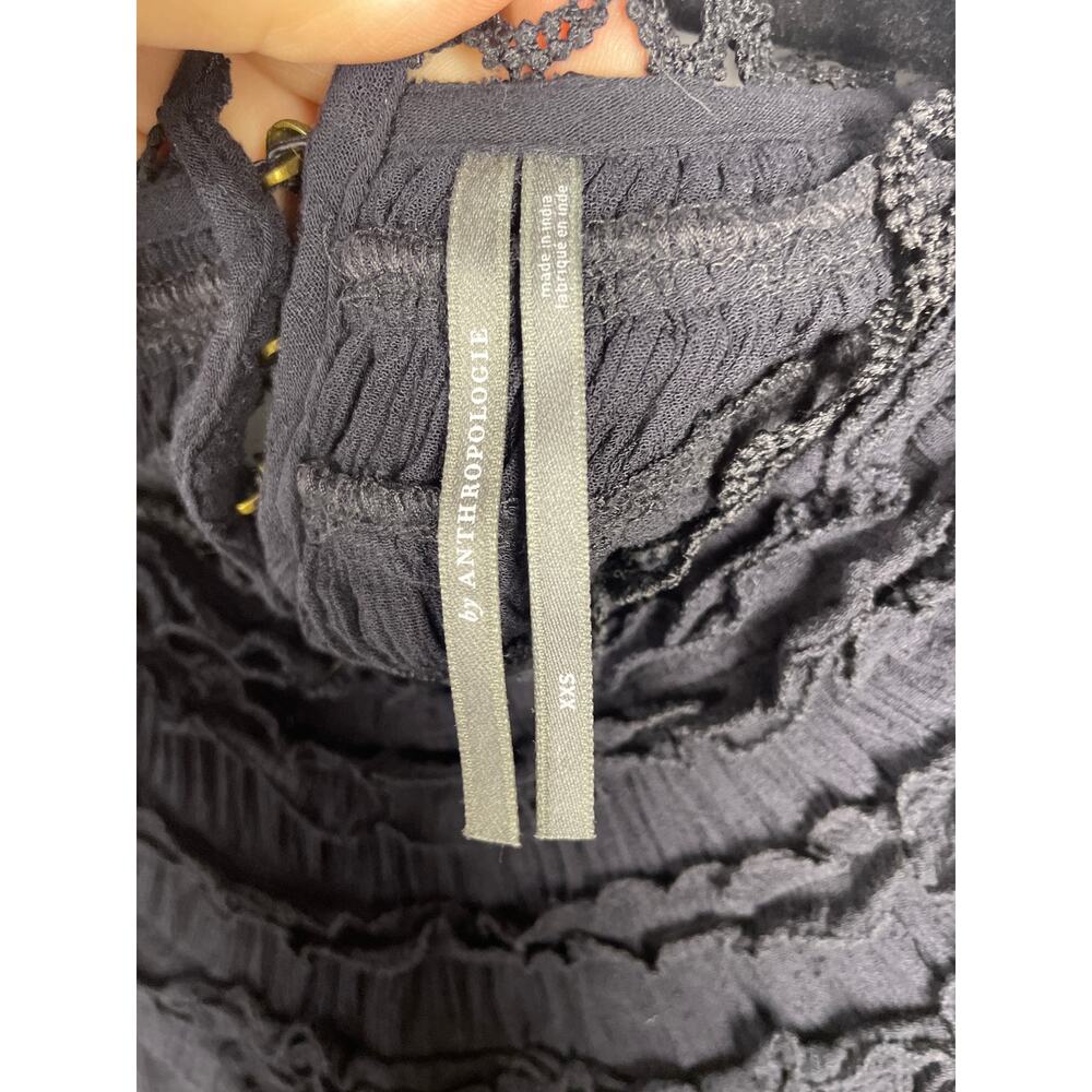 Anthropologie, Sz. XXS, Black Ruffle Yoke Blouse, Crinkle Gauze, Oversized, Boho - Picture 3 of 6